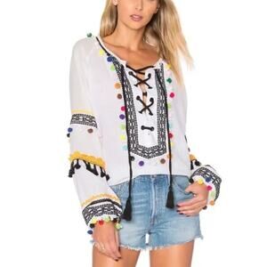 Dodo Bar Or Yehoray White Blouse With Colorful Pom Poms and Black Lace Up - S